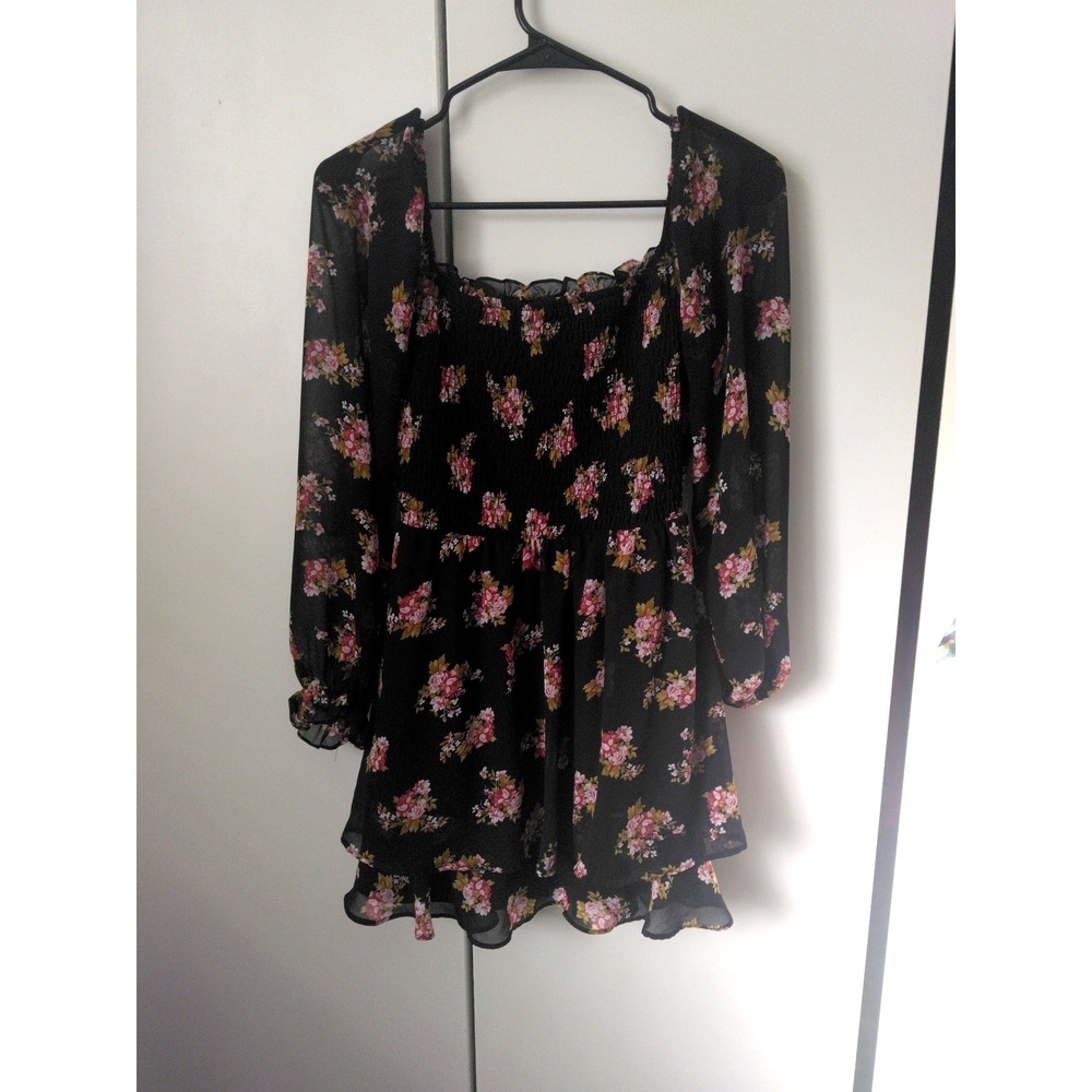 Womens Smoked Tiered Ruffle Mini Dress Size S Ditsy Floral Dark Cottage Romantic